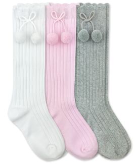 Jefferies Socks Wholesale Girls Pom Pom Rib Pattern Cotton Knee High Socks 1 Pair
