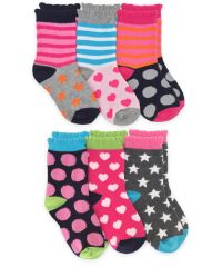 Girls Stars/Stripes/Dots/Hearts Crew Socks 6 Pair Pack