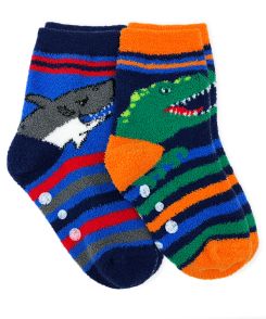 Jefferies Socks Dinosaur and Shark Fuzzy Slipper Socks 2 Pair Pack